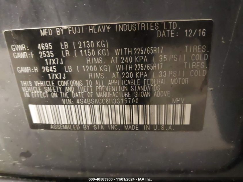 VIN 4S4BSACC6H3315700 2017 Subaru Outback, 2.5I Pre... no.9