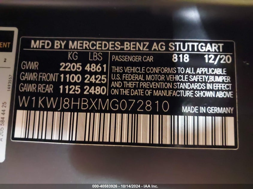 2021 Mercedes-Benz Amg C 63 S VIN: W1KWJ8HBXMG072810 Lot: 40583926