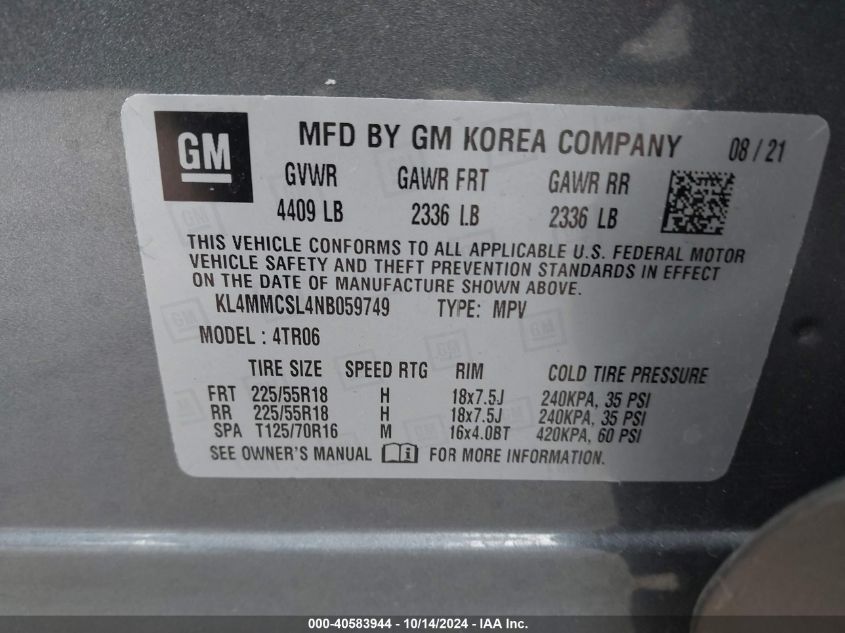 2022 Buick Encore Gx Awd Preferred VIN: KL4MMCSL4NB059749 Lot: 40583944