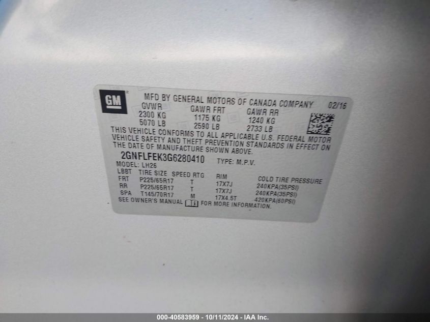 2GNFLFEK3G6280410 2016 Chevrolet Equinox Lt