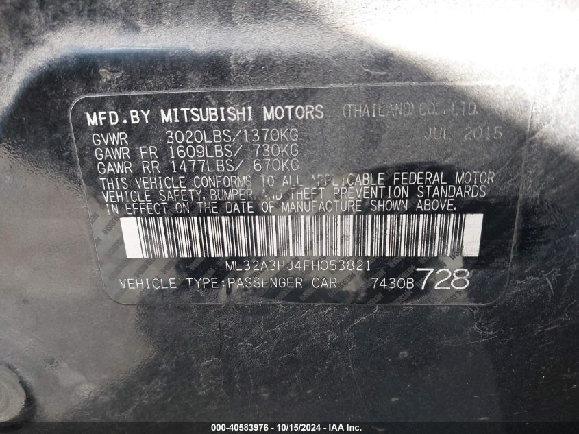 2015 Mitsubishi Mirage De/Rf VIN: ML32A3HJ4FH053821 Lot: 40583976