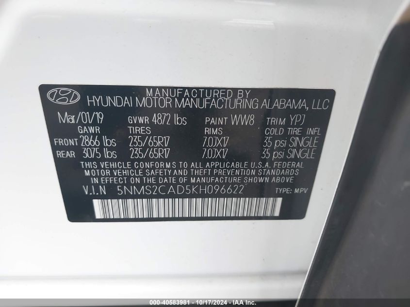 2019 Hyundai Santa Fe Se VIN: 5NMS2CAD5KH096622 Lot: 40583981