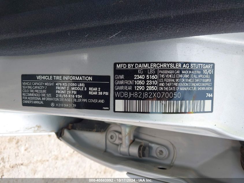 2002 Mercedes-Benz E 320 4Matic VIN: WDBJH82J82X070050 Lot: 40583992