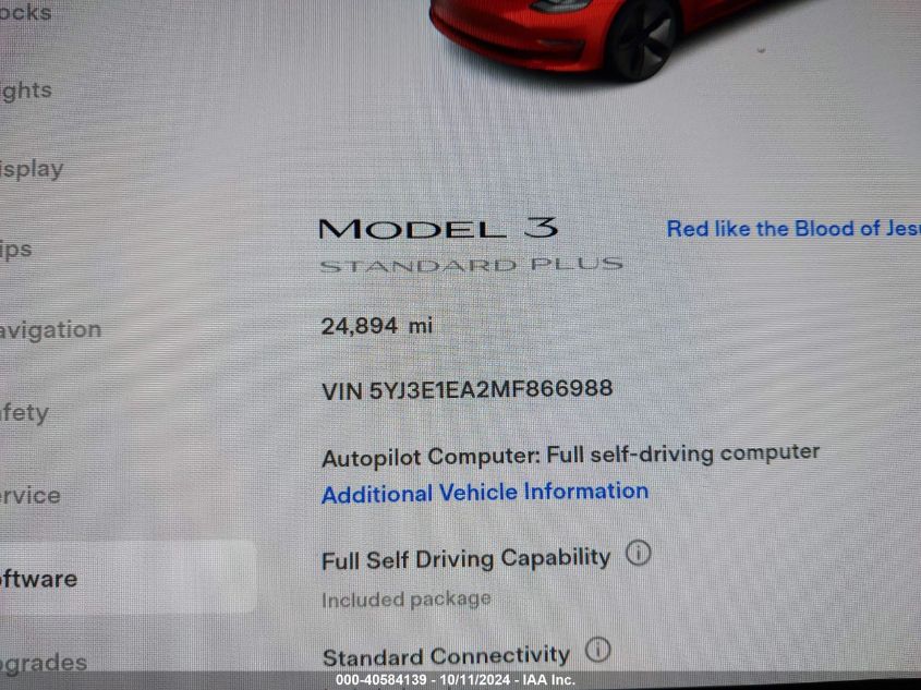 2021 Tesla Model 3 Standard Range Plus Rear-Wheel Drive VIN: 5YJ3E1EA2MF866988 Lot: 40584139