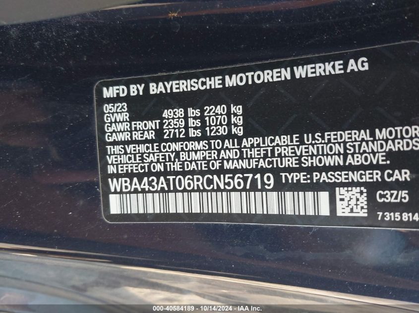 2024 BMW 430Xi VIN: WBA43AT06RCN56719 Lot: 40584189