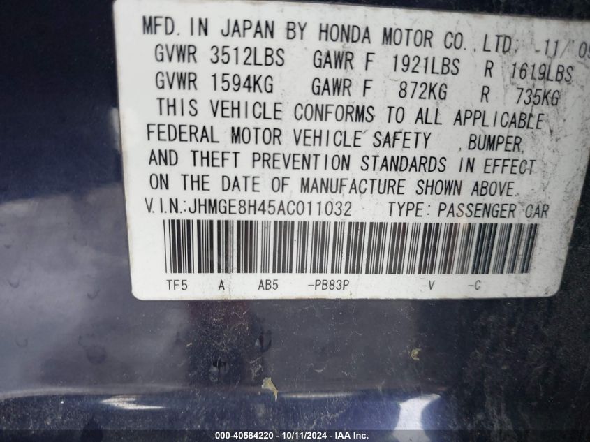 JHMGE8H45AC011032 2010 Honda Fit Sport