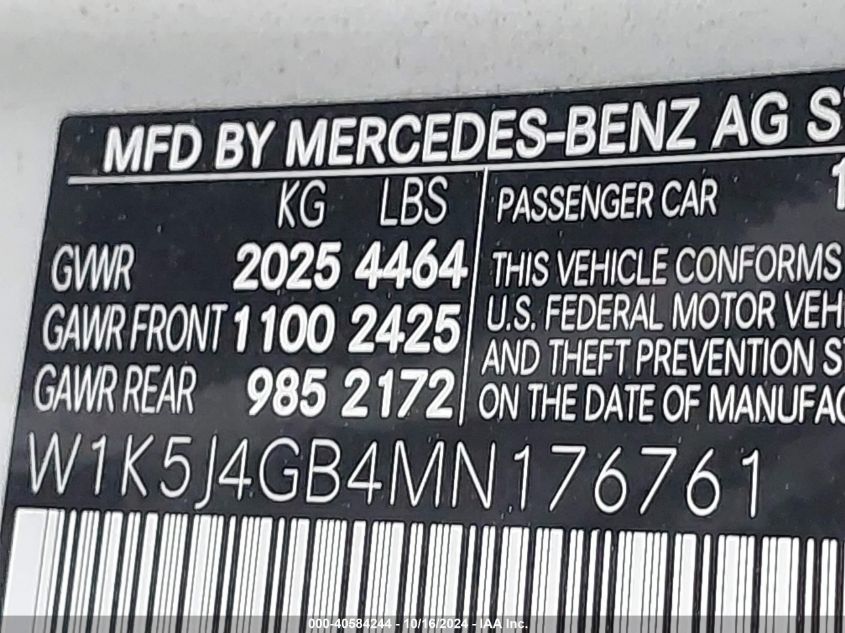 2021 Mercedes-Benz Cla 250 VIN: W1K5J4GB4MN176761 Lot: 40584244