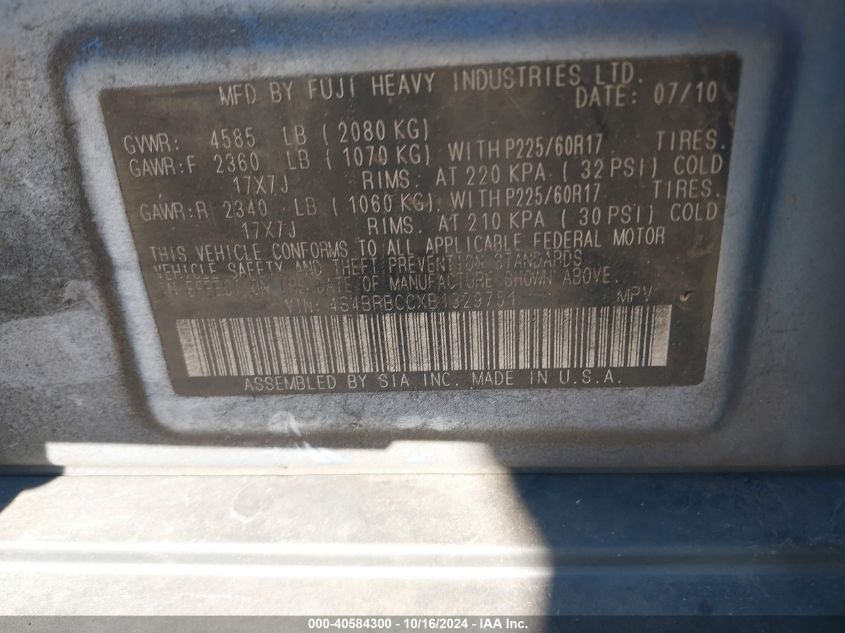 2011 Subaru Outback 2.5I Premium VIN: 4S4BRBCCXB1329751 Lot: 40584300