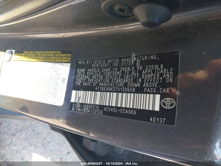 2007 Toyota Camry Se VIN: 4T1BE46K57U120658 Lot: 40584347