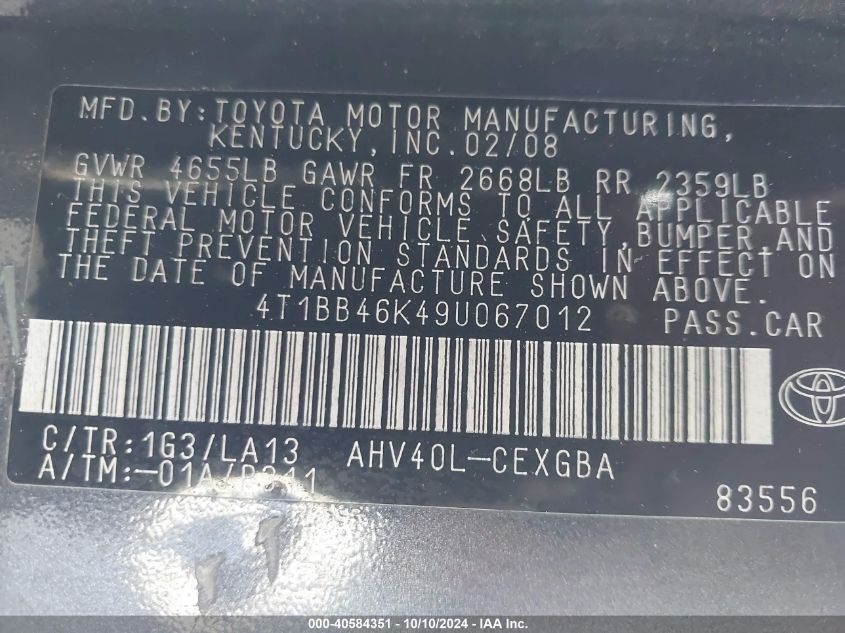 4T1BB46K49U067012 2009 Toyota Camry Hybrid