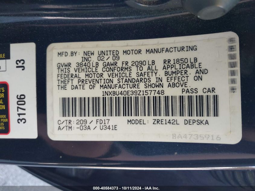 1NXBU40E39Z157748 2009 Toyota Corolla S