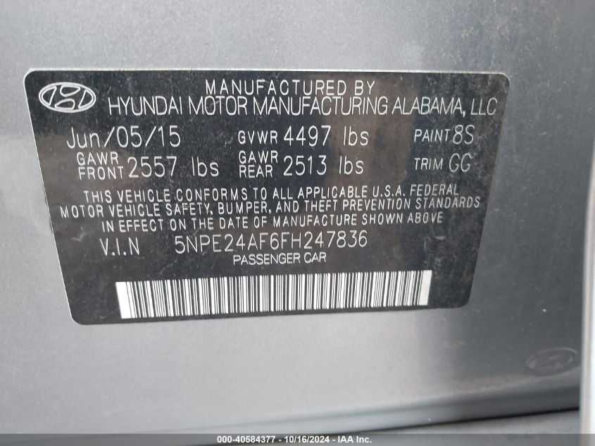 2015 HYUNDAI SONATA SE - 5NPE24AF6FH247836