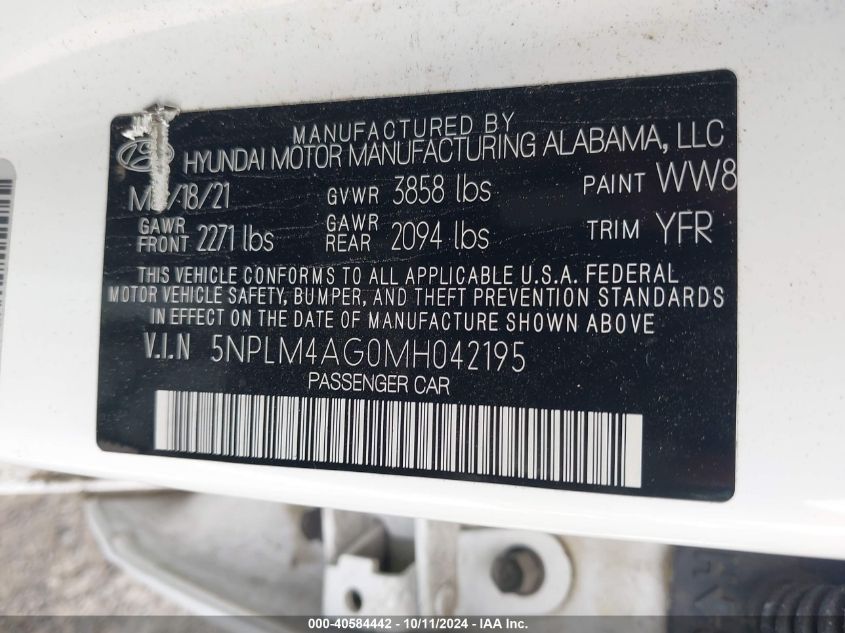 5NPLM4AG0MH042195 2021 Hyundai Elantra Sel