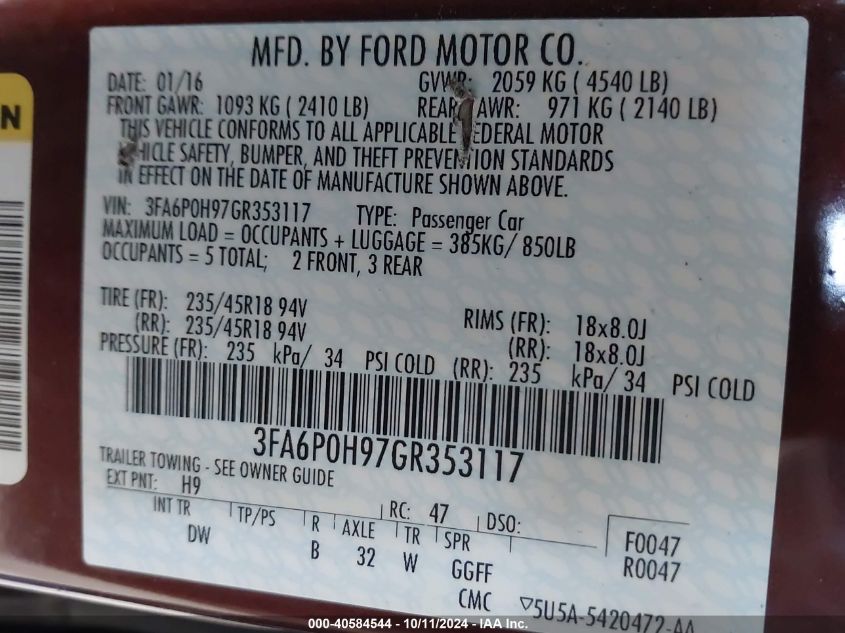 3FA6P0H97GR353117 2016 Ford Fusion Se