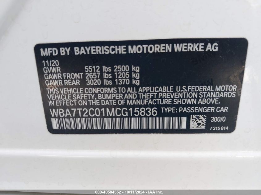 2021 BMW 740I VIN: WBA7T2C01MCG15836 Lot: 40584552