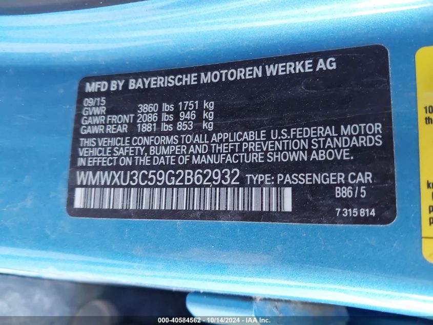 2016 Mini Hardtop Cooper S VIN: WMWXU3C59G2B62932 Lot: 40584562