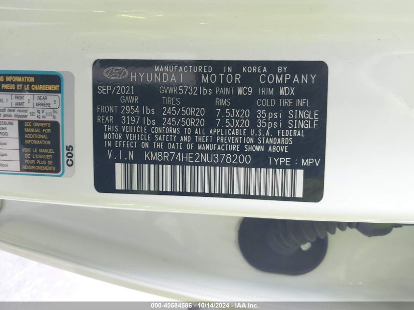 2022 Hyundai Palisade Calligraphy VIN: KM8R74HE2NU378200 Lot: 40584586