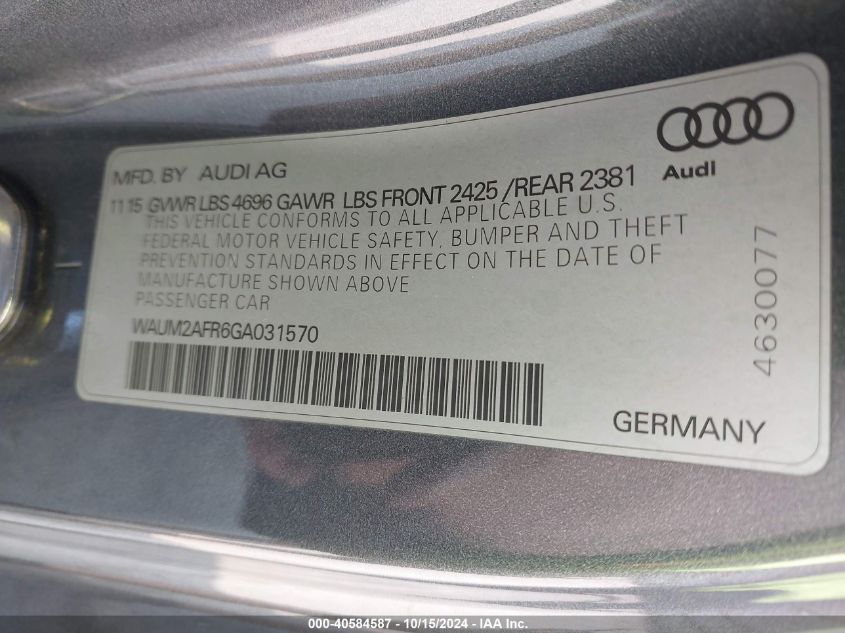 2016 Audi A5 2.0T Premium VIN: WAUM2AFR6GA031570 Lot: 40584587