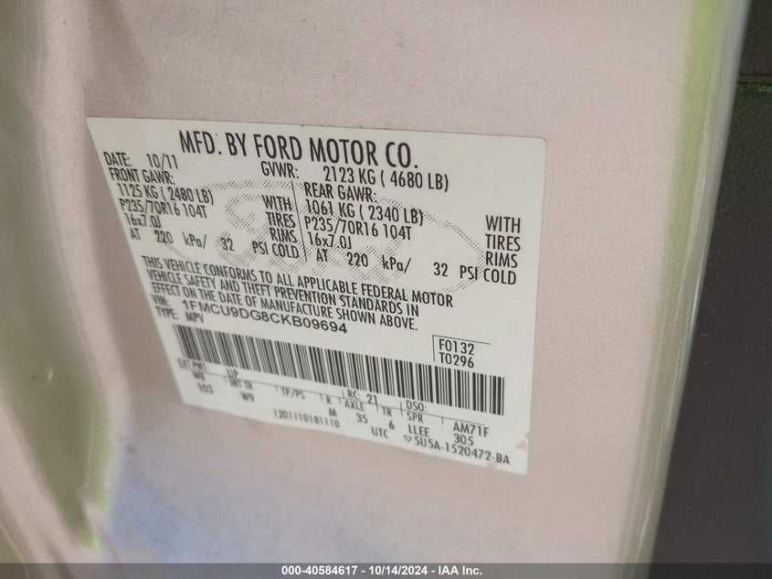 2012 Ford Escape Xlt VIN: 1FMCU9DG8CKB09694 Lot: 40584617