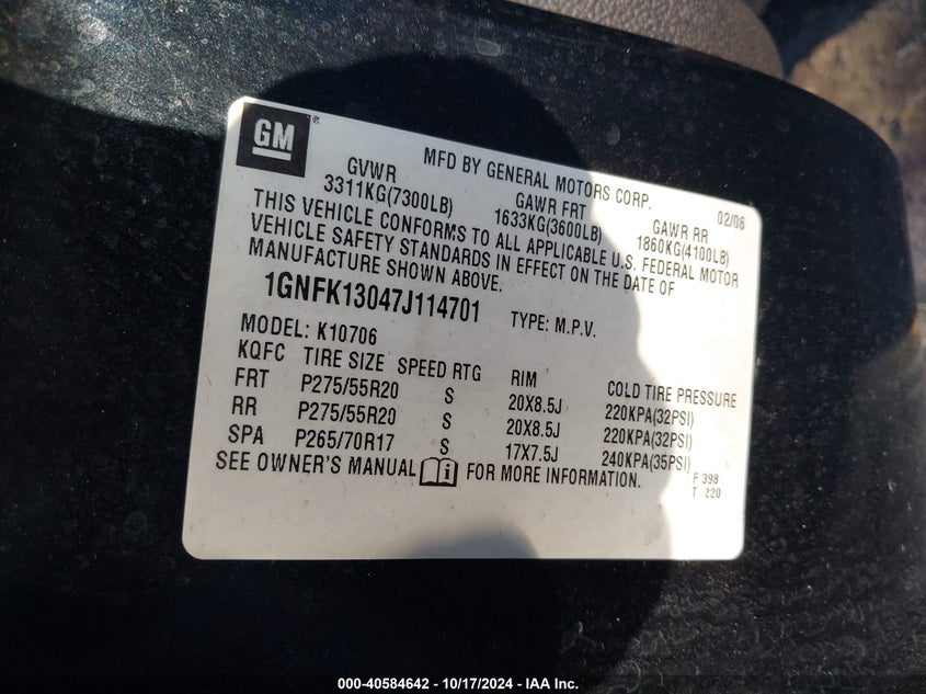 2007 Chevrolet Tahoe K1500 VIN: 1GNFK13047J114701 Lot: 40584642