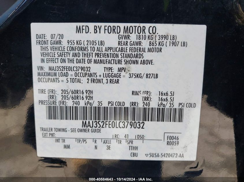 2020 Ford Ecosport S VIN: MAJ3S2FE0LC379032 Lot: 40584643