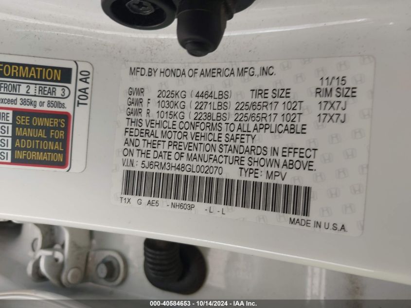 2016 Honda Cr-V Se VIN: 5J6RM3H48GL002070 Lot: 40584653