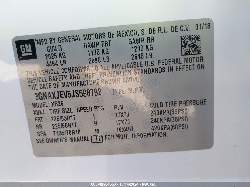 2018 Chevrolet Equinox Lt VIN: 3GNAXJEV5JS598792 Lot: 40584658