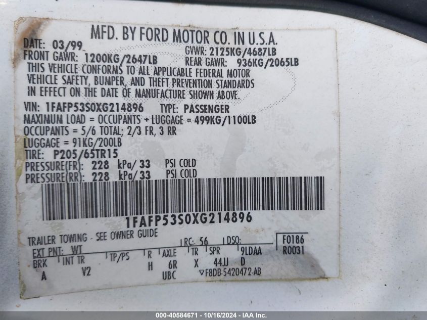 1999 Ford Taurus Se/Se-Ne VIN: 1FAFP53S0XG214896 Lot: 40584671