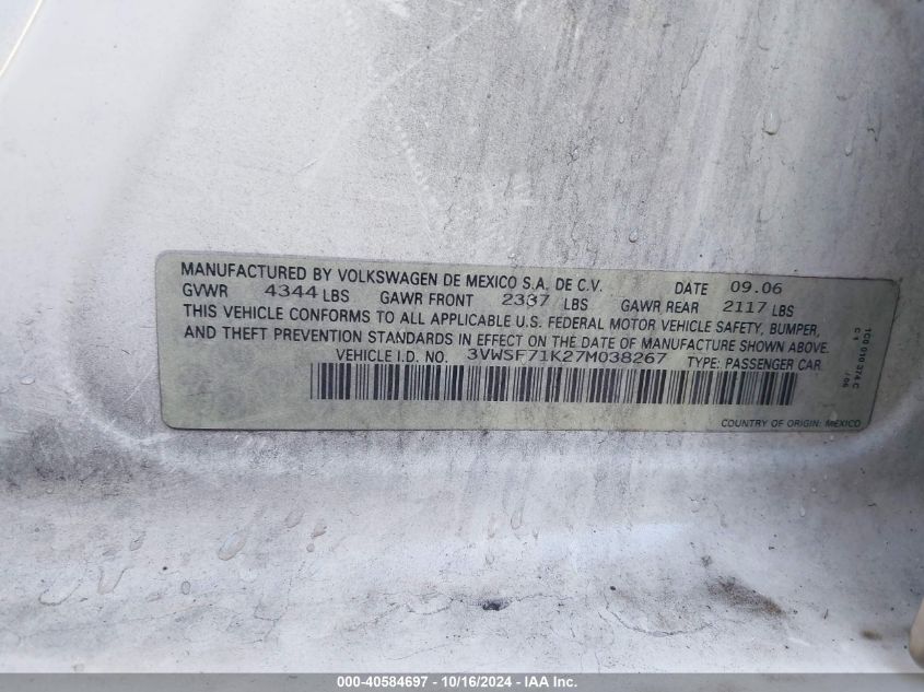 2007 Volkswagen Jetta 2.5 VIN: 3VWSF71K27M038267 Lot: 40584697