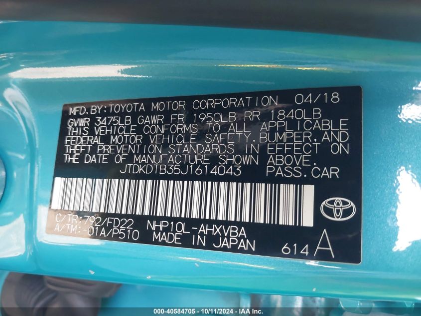 JTDKDTB35J1614043 2018 Toyota Prius C