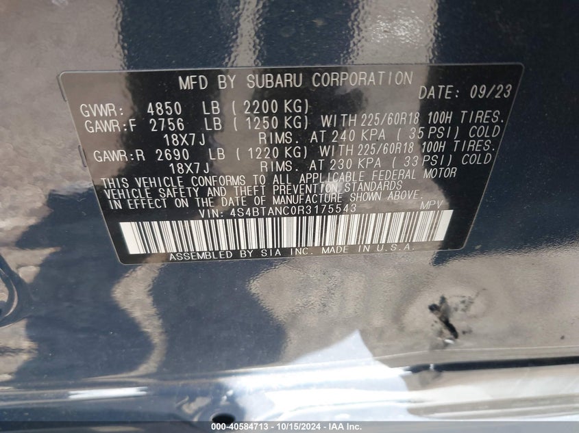 VIN 4S4BTANC0R3175543 2024 SUBARU OUTBACK LIMITED