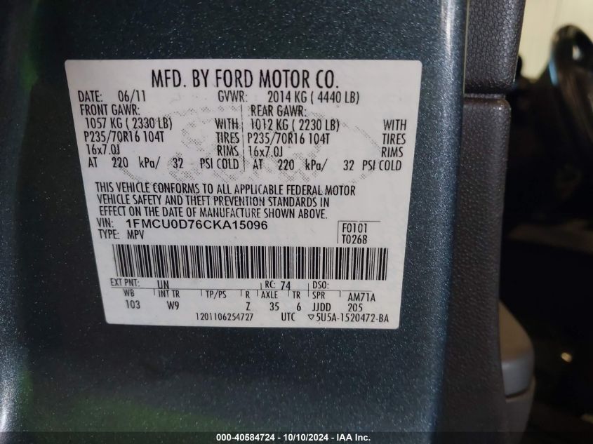 1FMCU0D76CKA15096 2012 Ford Escape Xlt