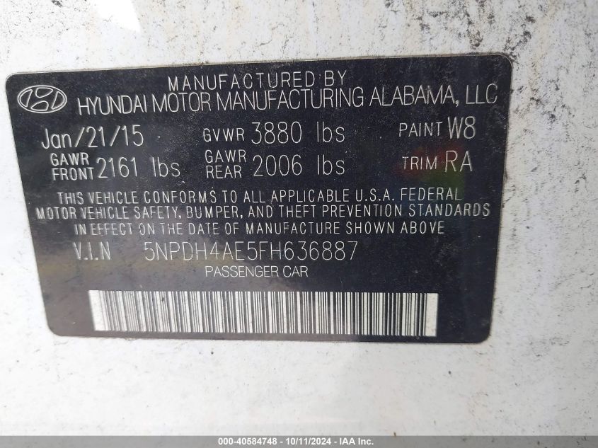 5NPDH4AE5FH636887 2015 Hyundai Elantra Se