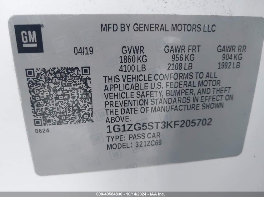 VIN 1G1ZG5ST3KF205702 2019 CHEVROLET MALIBU RS