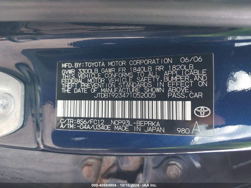 2007 Toyota Yaris VIN: JTDBT923471052005 Lot: 40584904