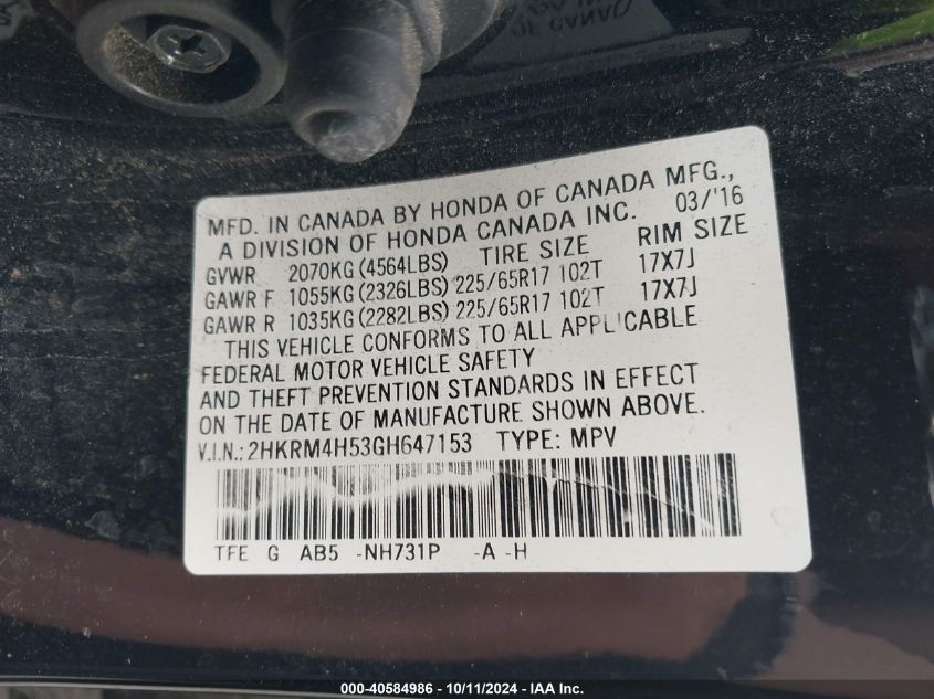 2HKRM4H53GH647153 2016 Honda Cr-V Ex