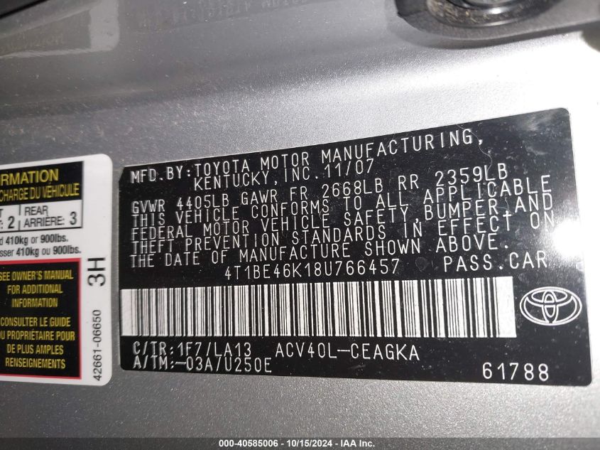 2008 Toyota Camry Xle VIN: 4T1BE46K18U766457 Lot: 40585006