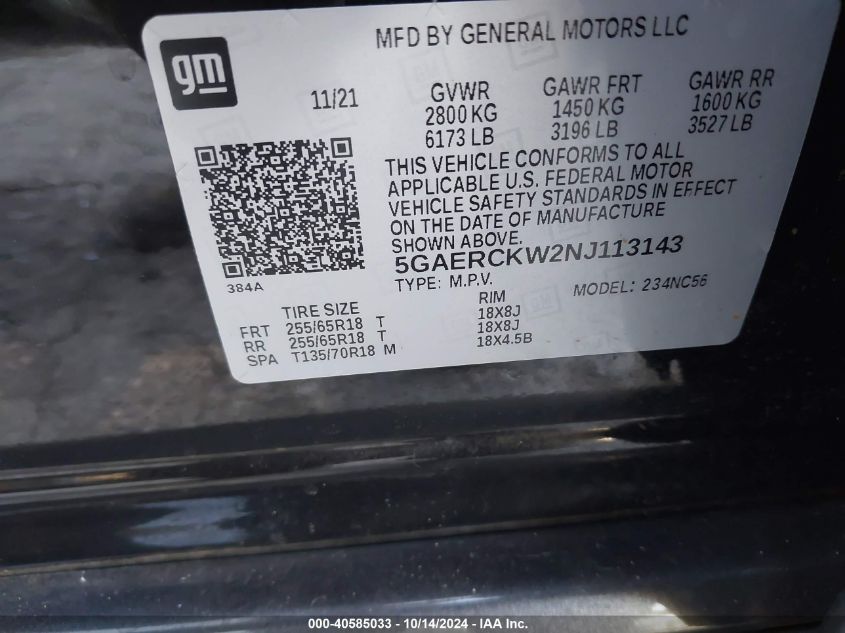 2022 Buick Enclave Fwd Premium VIN: 5GAERCKW2NJ113143 Lot: 40585033