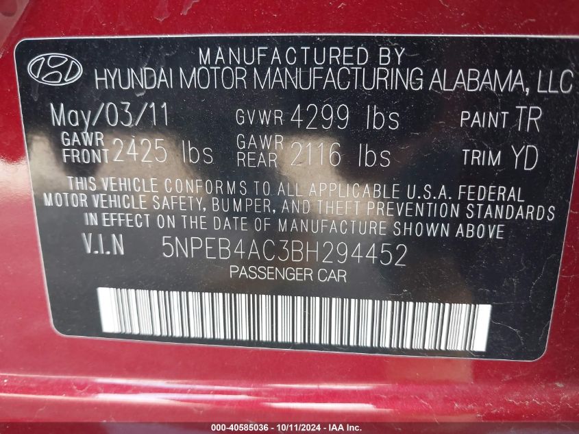 5NPEB4AC3BH294452 2011 Hyundai Sonata Gls