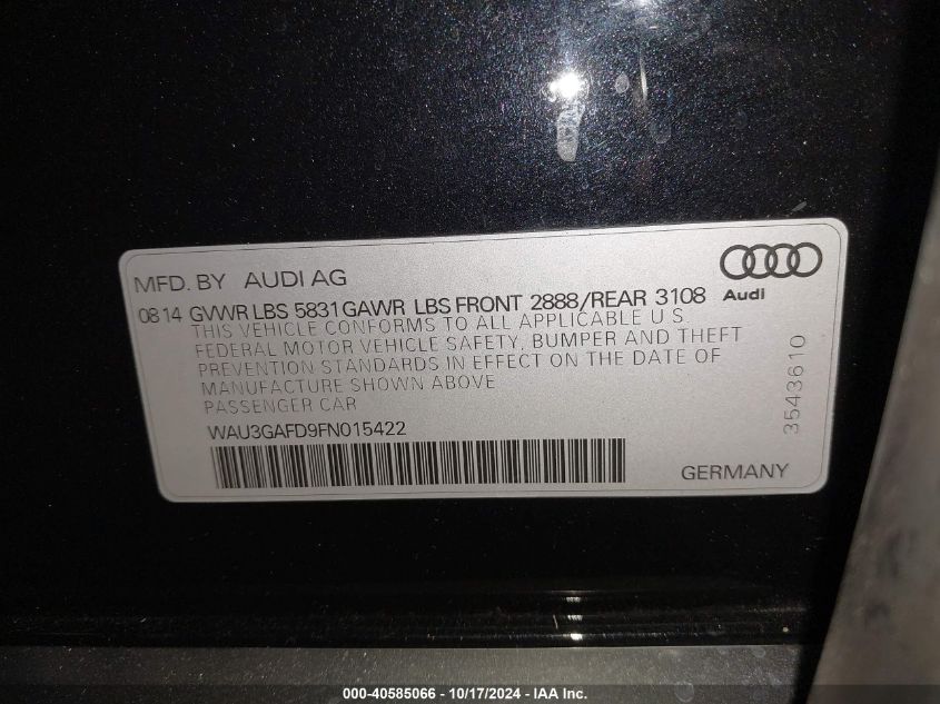 2015 Audi A8 L 3.0T VIN: WAU3GAFD9FN015422 Lot: 40585066