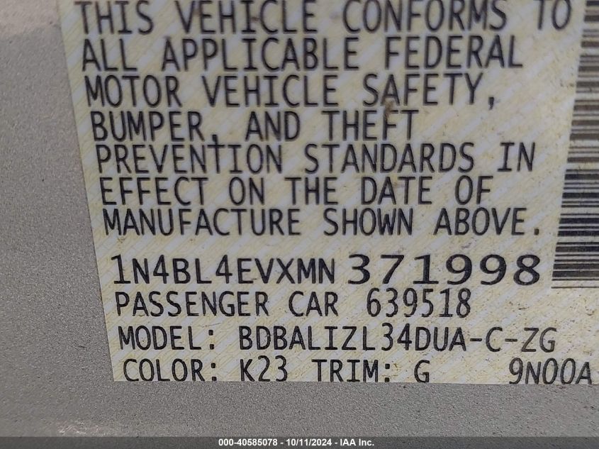 1N4BL4EVXMN371998 2021 Nissan Altima Sl Fwd