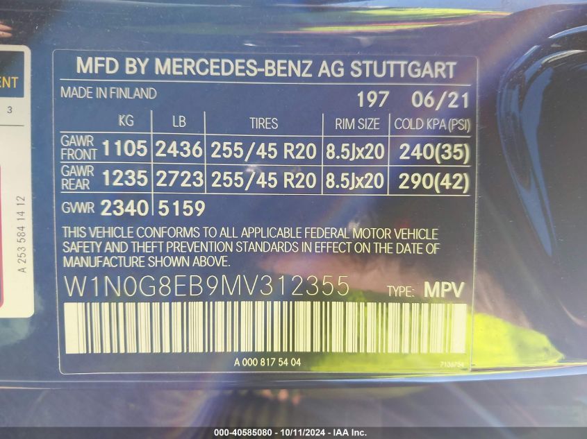 2021 Mercedes-Benz Glc 300 4Matic Suv VIN: W1N0G8EB9MV312355 Lot: 40585080