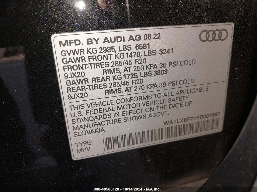 2023 Audi Q7 Premium Plus 55 Tfsi Quattro Tiptronic VIN: WA1LXBF71PD001597 Lot: 40585120