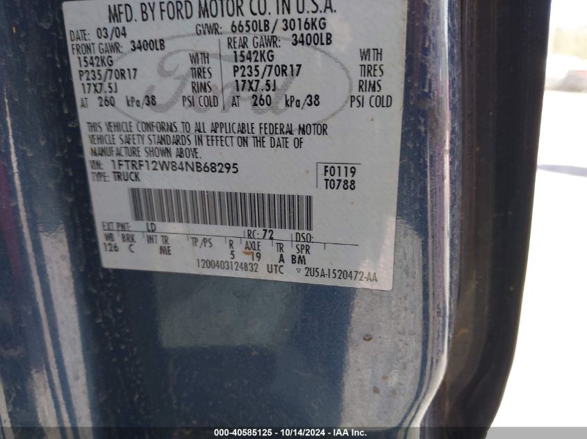 2004 Ford F-150 Stx/Xl/Xlt VIN: 1FTRF12W84NB68295 Lot: 40585125