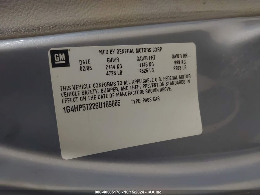 2006 Buick Lucerne Cx VIN: 1G4HP57226U189685 Lot: 40585178
