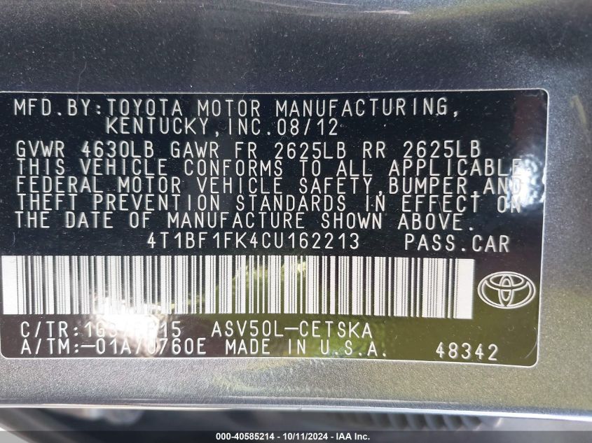 4T1BF1FK4CU162213 2012 Toyota Camry Se