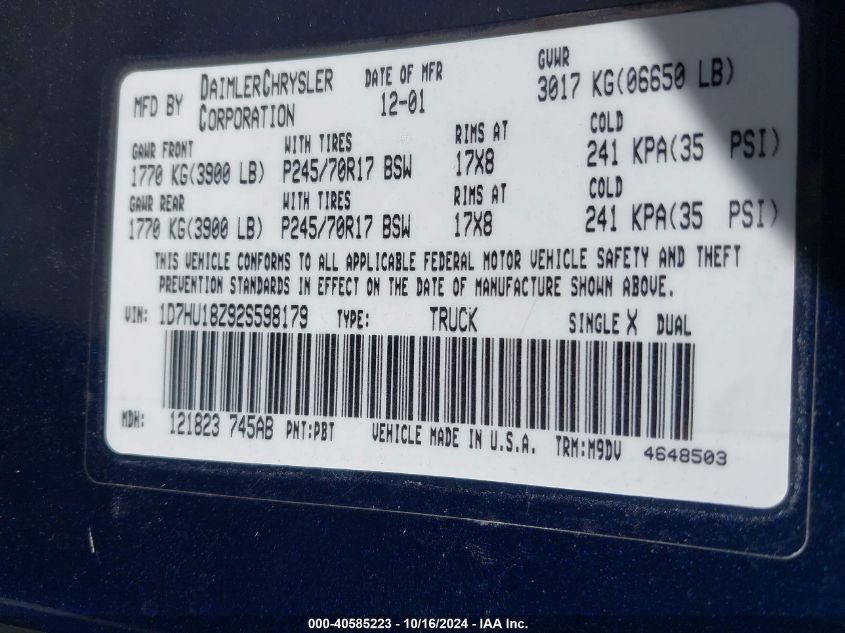 2002 Dodge Ram 1500 St VIN: 1D7HU18Z92S598179 Lot: 40585223