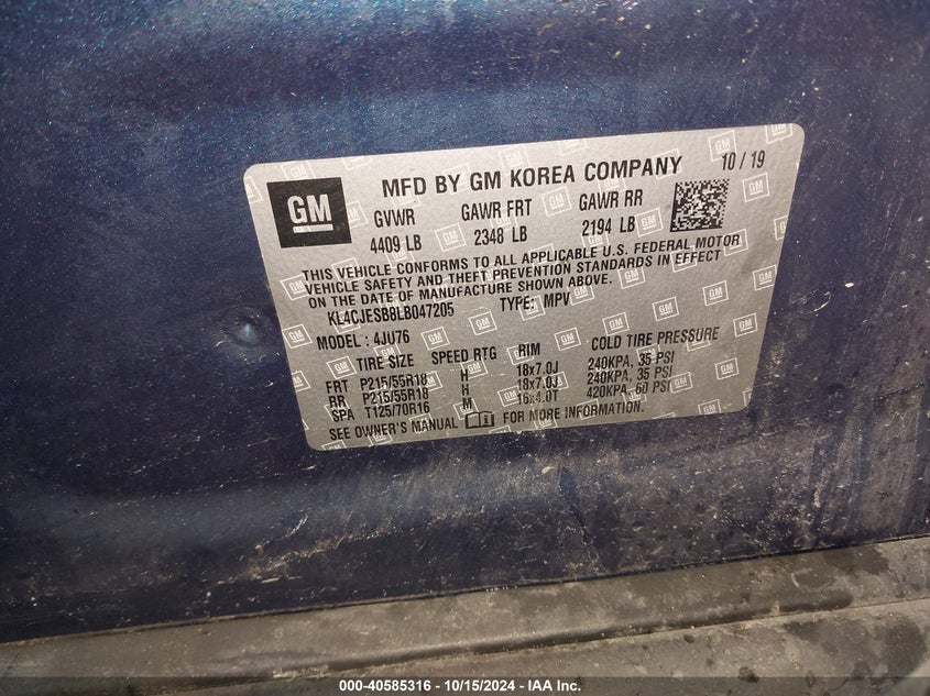 VIN KL4CJESB8LB047205 2020 BUICK ENCORE AWD PREFERRED