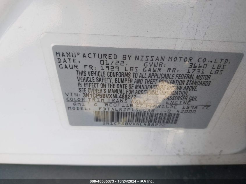 2022 Nissan Kicks S Xtronic Cvt VIN: 3N1CP5BVXNL488272 Lot: 40585373