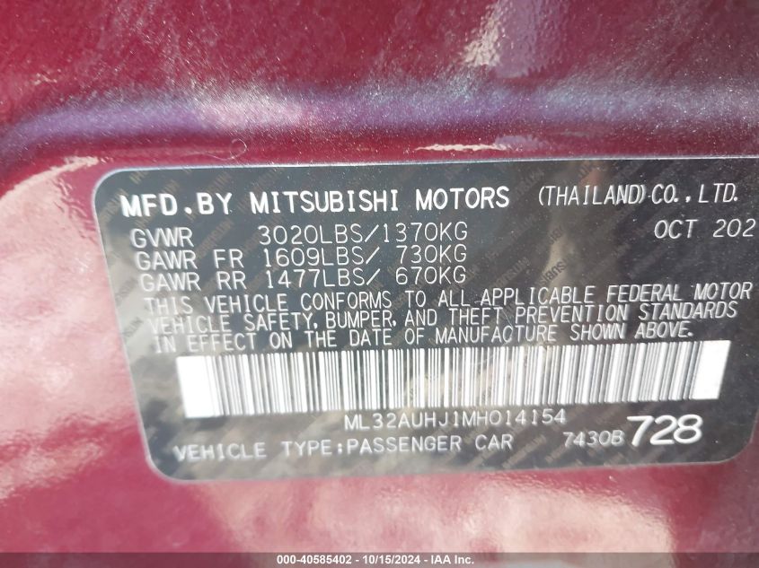 2021 Mitsubishi Mirage VIN: ML32AUHJ1MH014154 Lot: 40585402